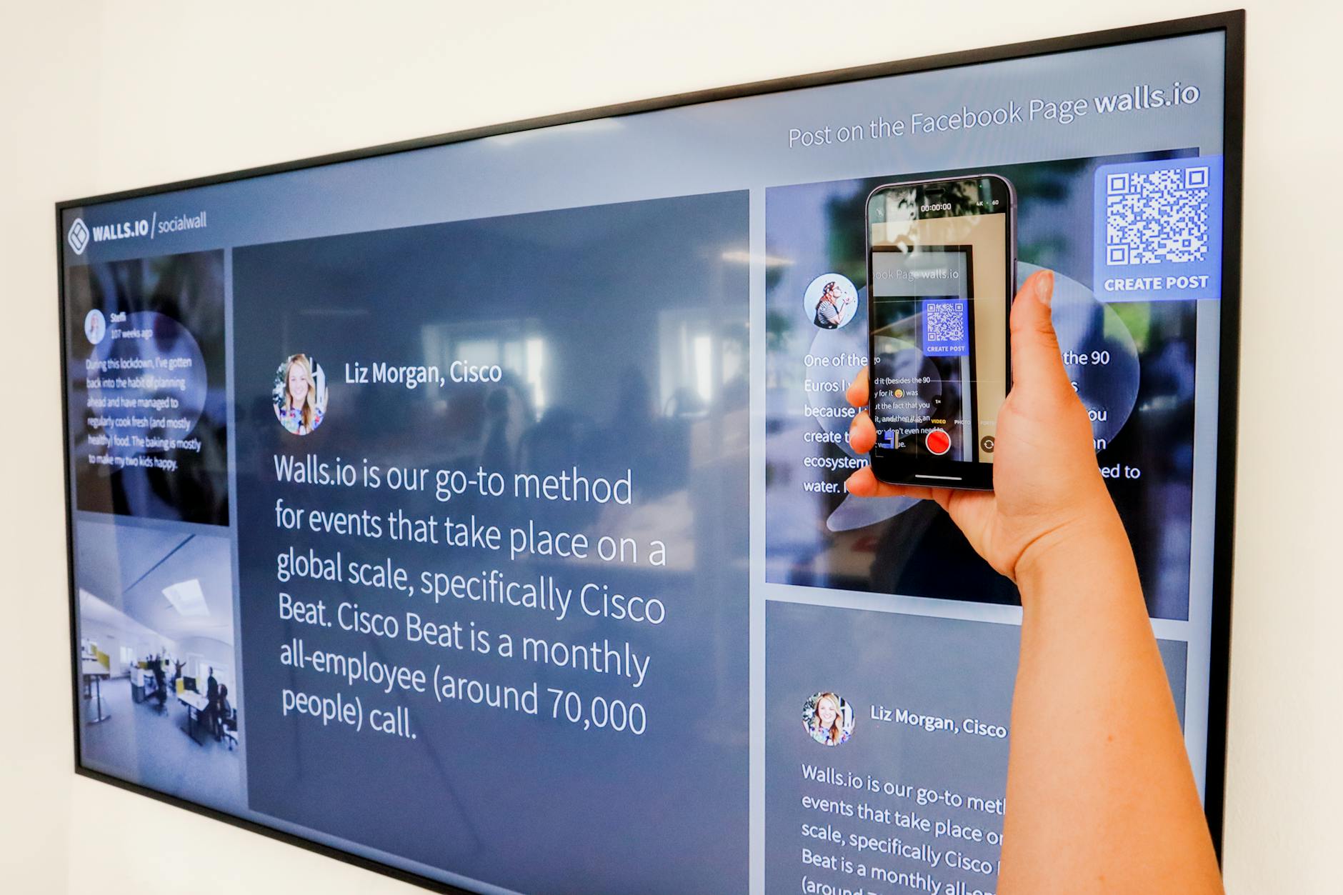 close up of woman scanning a qr code from a tv screen with her smartphone